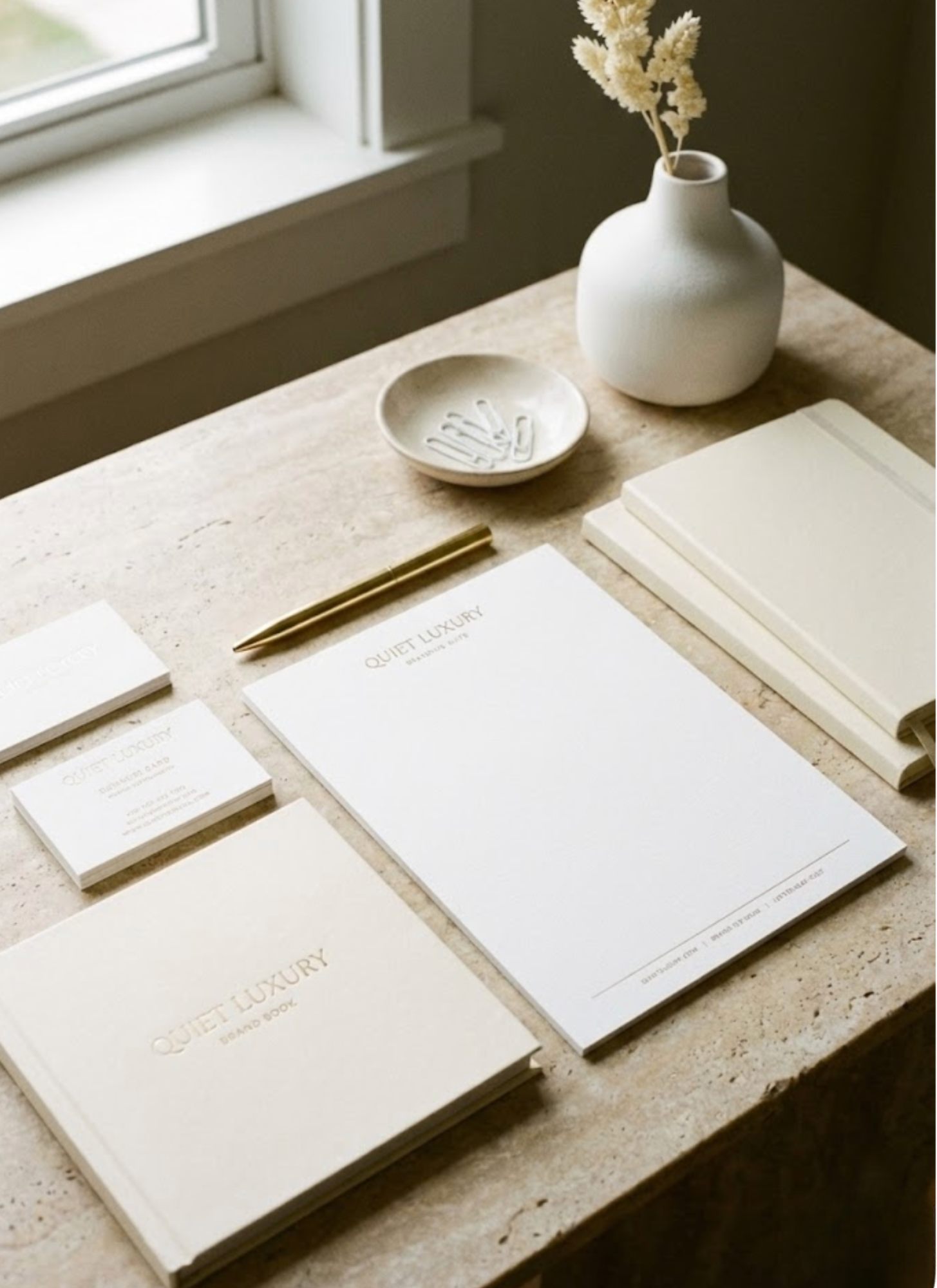 Quiet luxury branding suite on a natural stone desk, featuring cream notebooks, gold pen, and letterhead.