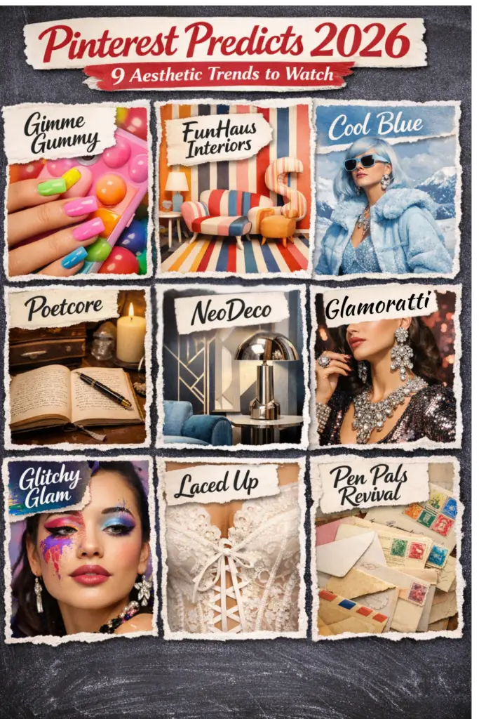 A 3x3 visual guide titled Pinterest Predicts 2026 showcasing nine aesthetic trends: Gimme Gummy, FunHaus Interiors, Cool Blue, Poetcore, Neo Deco, Glamoratti, Glitchy Glam, Laced Up, and Pen Pals Revival.