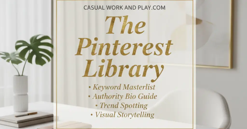 A high-end magazine-style graphic featuring gold typography that reads 'The Pinterest Library.' Below the title, a bulleted list includes 'Keyword Masterlist,' 'Authority Bio Guide,' 'Trend Spotting,' and 'Visual Storytelling.' The background shows a neutral, sophisticated home office with a white desk and a gold-framed art piece.